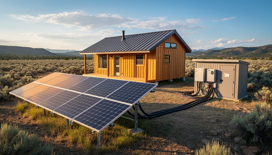 Ground-mounted solar panels and off-grid cabin with battery enclosure in a forest setting