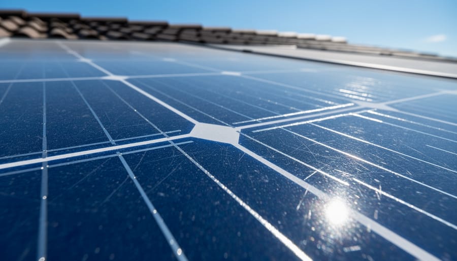 Close-up of solar panel glass surface showing detailed reflections