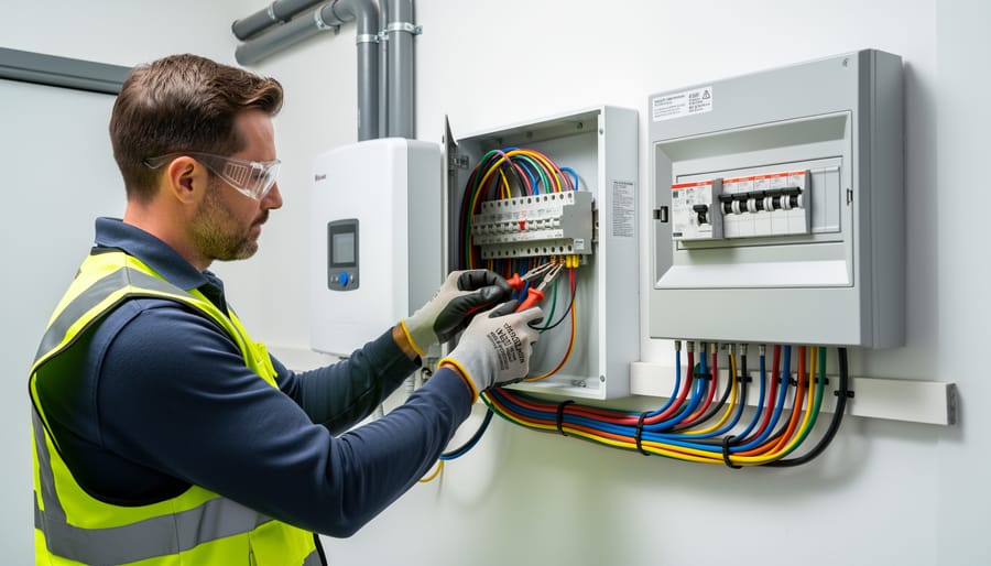 Technician connecting solar power cables to an inverter near an electrical panel