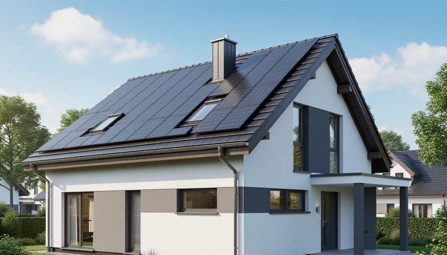 Installer aligning integrated photovoltaic roofing panels on a residential roof