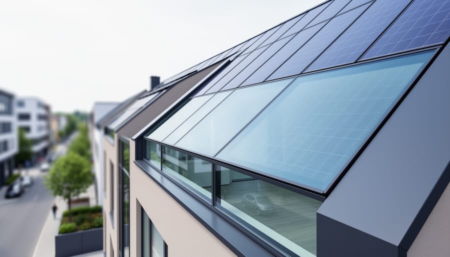 Modern building façade with integrated solar glass roof tiles and transparent photovoltaic window glazing under soft daylight.