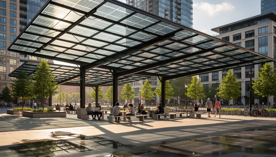 Photovoltaic canopy integrated into a parking structure with vehicles underneath