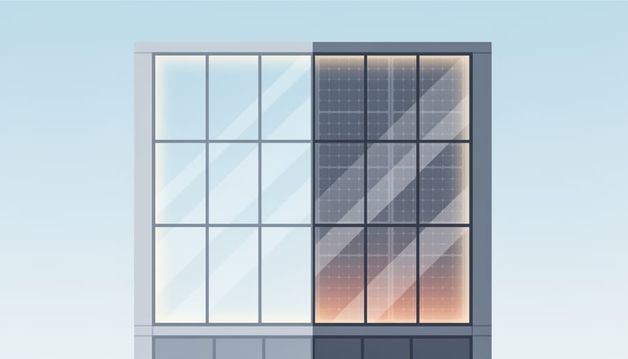 Sunlight shining through semi-transparent photovoltaic glazing on a building interior window