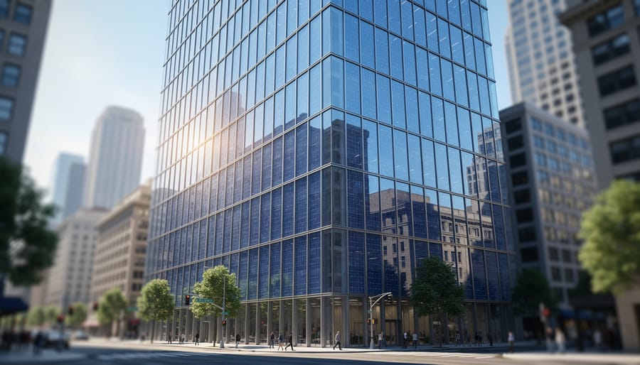 Urban high-rise building facade with integrated photovoltaic glass panels