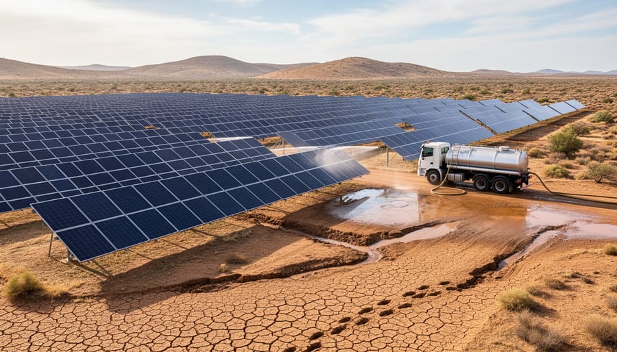 Solar panels installed in a dry arid landscape with sandy ground and hazy sky