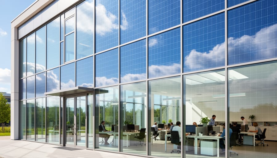 Atrium interior with sunlit photovoltaic glazing integrated into skylights and windows