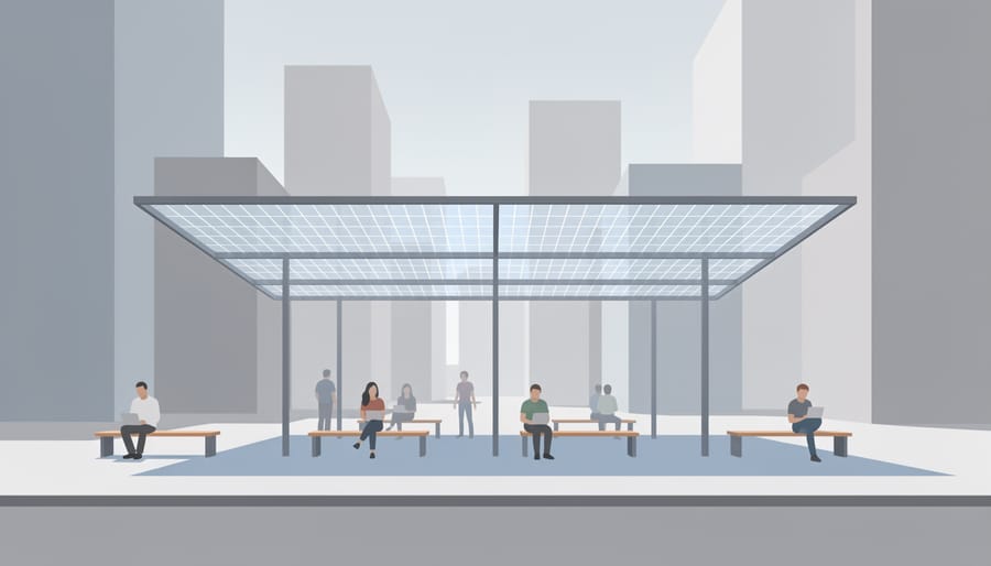 Photovoltaic canopy shading a parking area and generating electricity from building-integrated panels