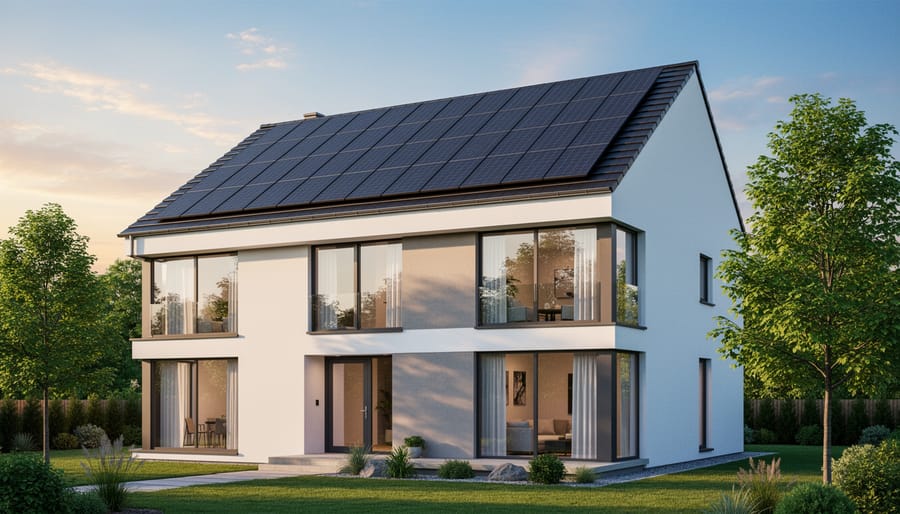 Sloped rooftop covered with photovoltaic shingles integrated into the roof surface
