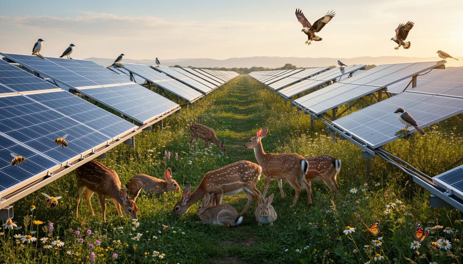 Small bird perched near vegetation at the edge of a solar farm with blurred solar panels in the background