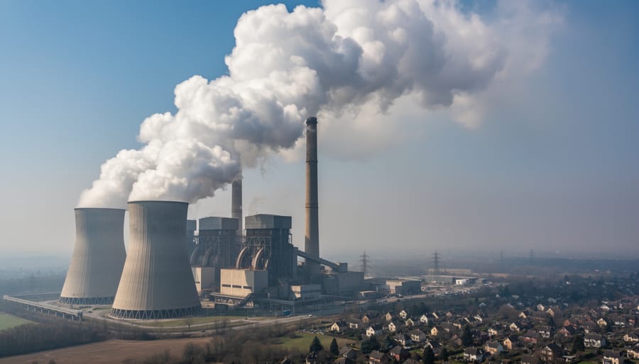 Coal-fired power plant with smokestacks releasing smoke into a hazy sky