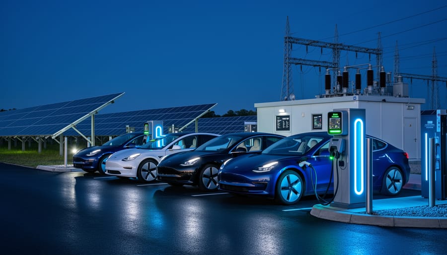 Electric bus charging in an urban setting with solar panels faintly visible