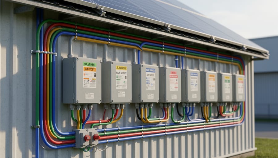 Engineer standing near utility solar equipment and wiring at a solar farm.