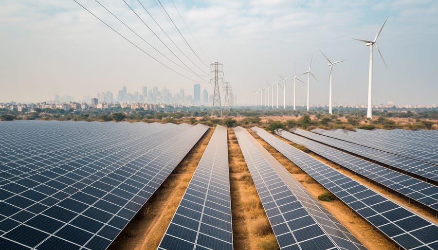 Solar panels and wind turbines with high-voltage transmission lines leading toward a distant city skyline under soft daylight.