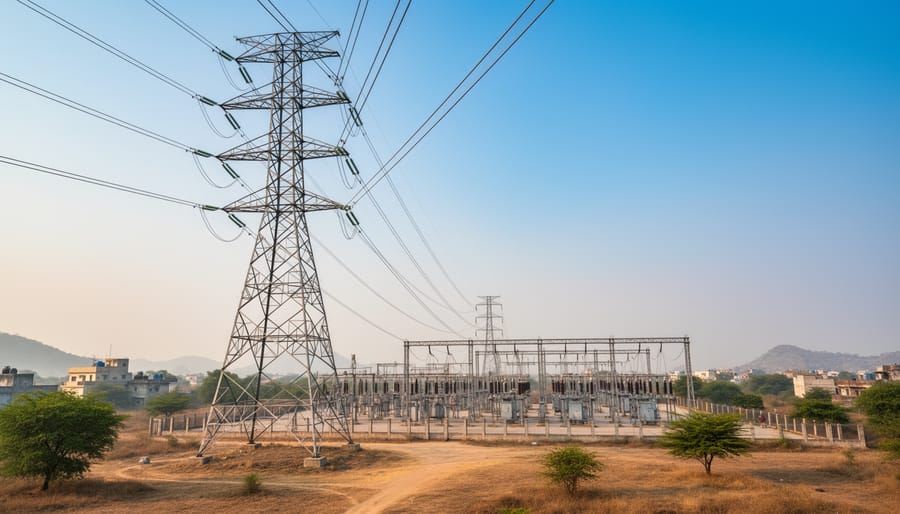 High-voltage transmission tower and distant substation equipment with power lines under an overcast sky