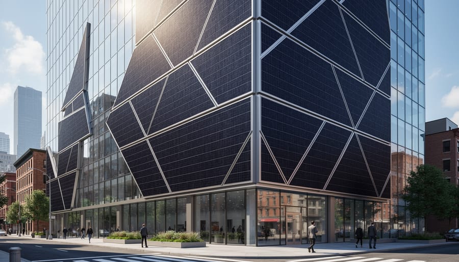 Modern building with a photovoltaic integrated facade generating electricity from building surfaces