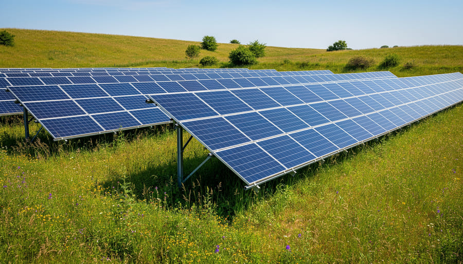 Native grasses and wildflowers growing beneath and between solar panels at a utility-scale site