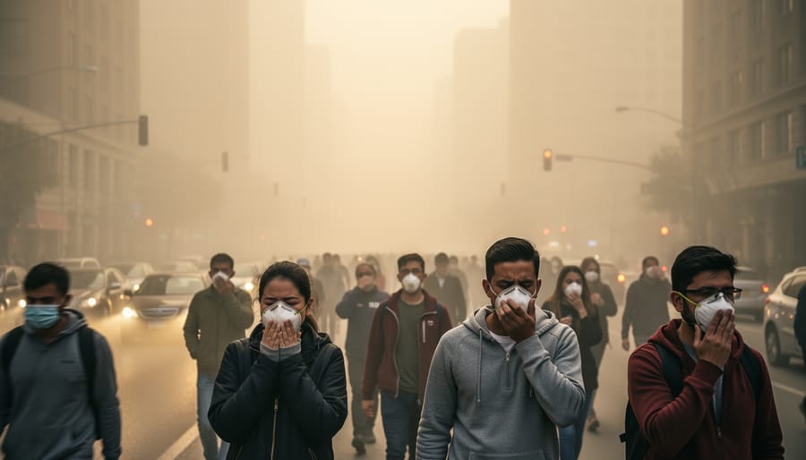 People waiting outdoors in hazy air with sunlight filtered by smog