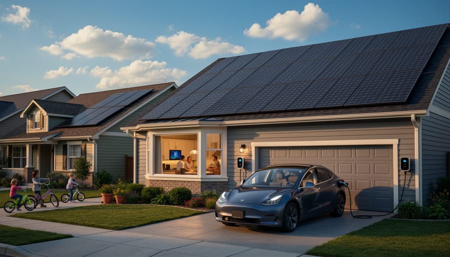 Rooftop solar panels visible from a home window with a person near an indoor light switch