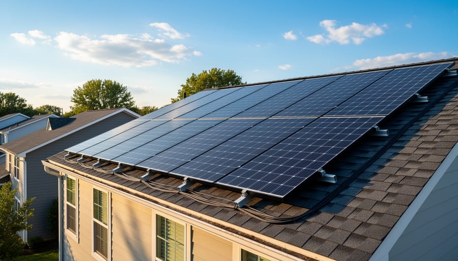Rooftop solar panels catching sunlight on a home roof.