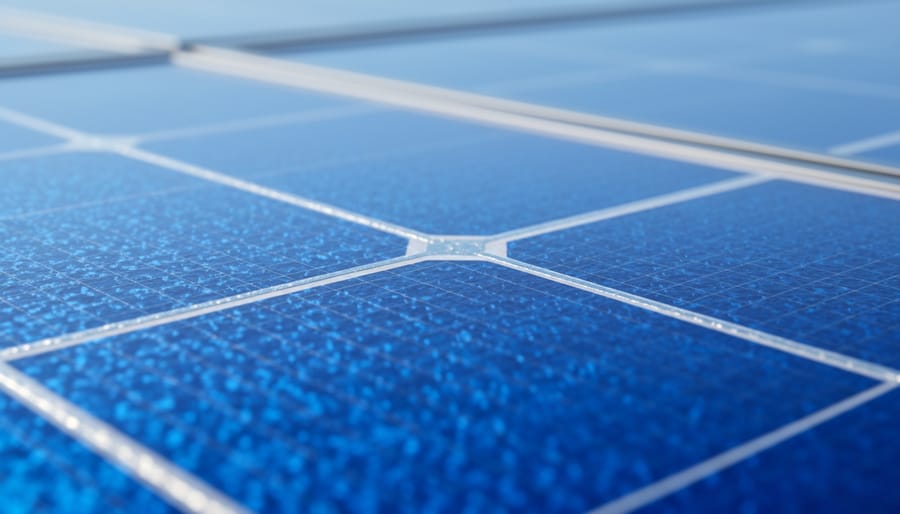 Close-up view of a solar panel surface reflecting daylight.