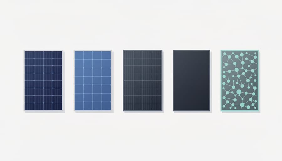 Close-up of multiple types of solar panels with different surface textures on a workbench.