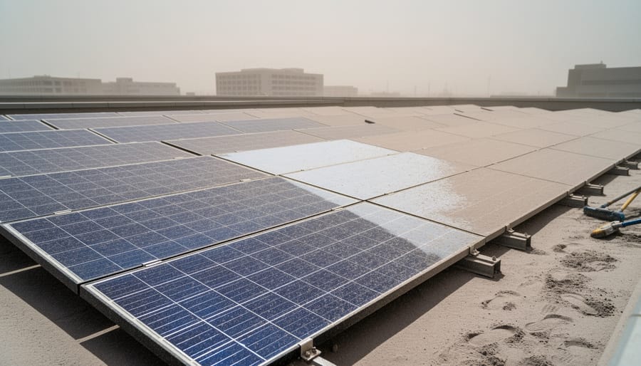 Solar panels with a light layer of volcanic ash covering the panel surface