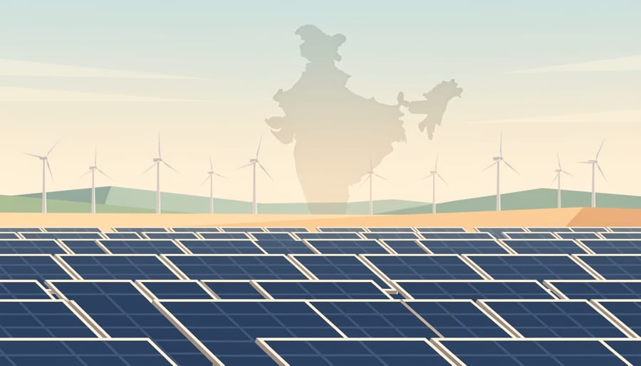 Solar panels at sunset with a wind turbine silhouette in the distant horizon