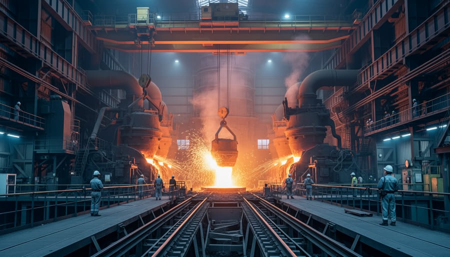 Industrial workers in safety helmets near a glowing steel furnace at dusk