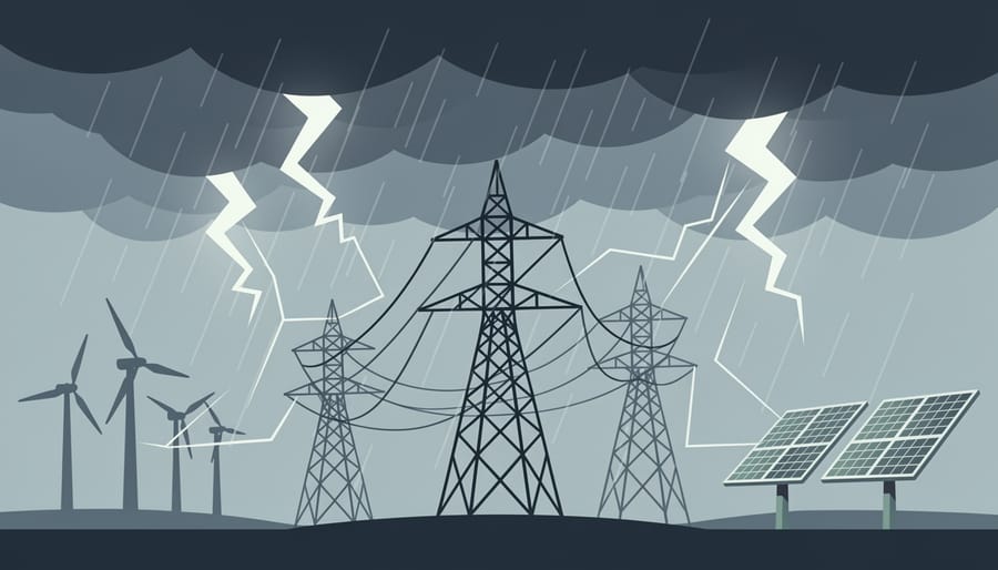 High-voltage transmission towers and substation during a rainy storm