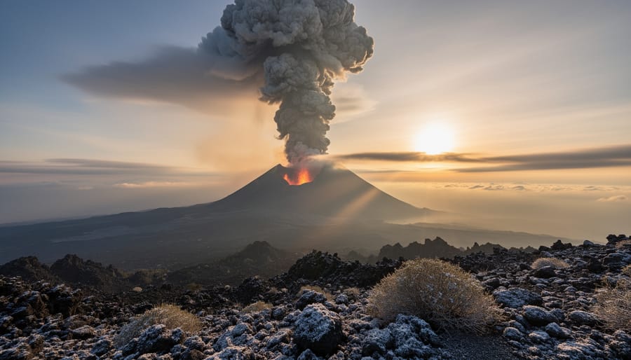 Sunlight diffused through gray volcanic haze in the atmosphere above a dark surface