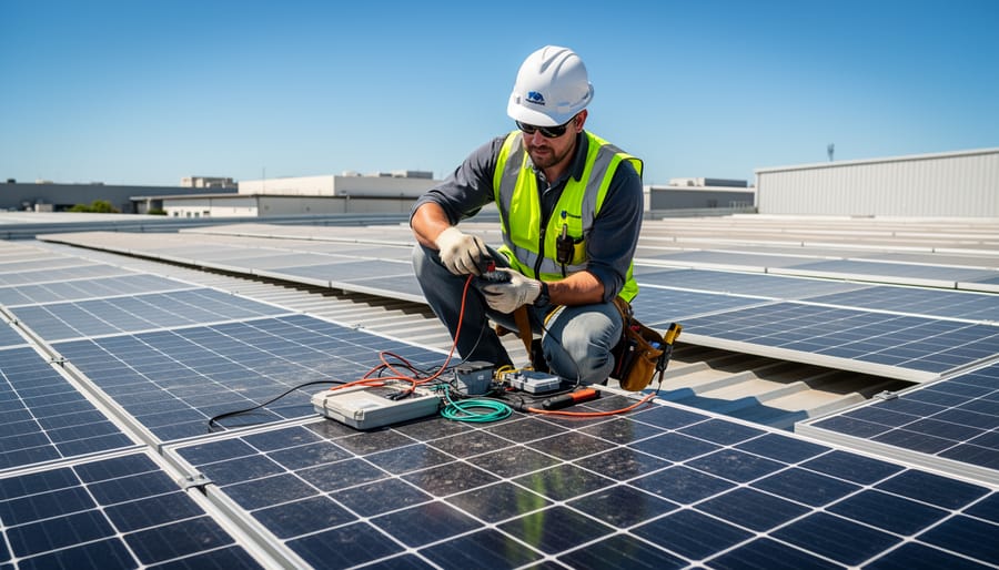 Technician inspecting solar panels at a clean energy facility