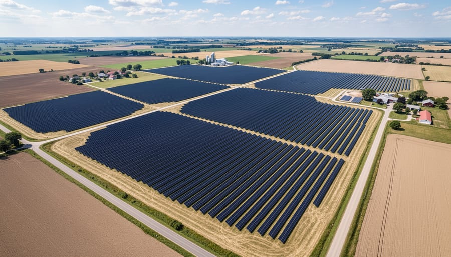 Aerial view of a utility-scale solar farm with rows of solar panels stretching across open land