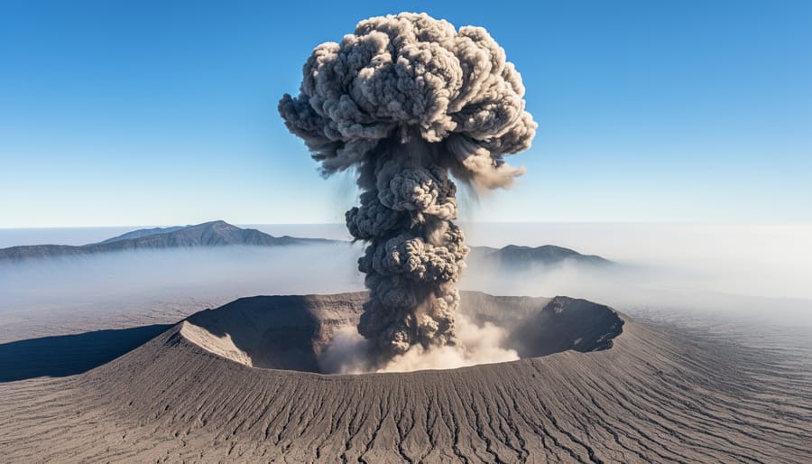 Volcanic ash plume rising from a crater with hazy airborne particles against rocky slopes