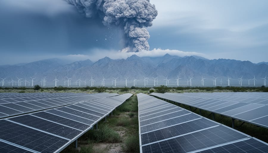 Solar panels at a renewable energy site in the foreground with a distant volcanic ash plume rising behind mountains, ash drifting through the air and casting a cool, hazy atmosphere.