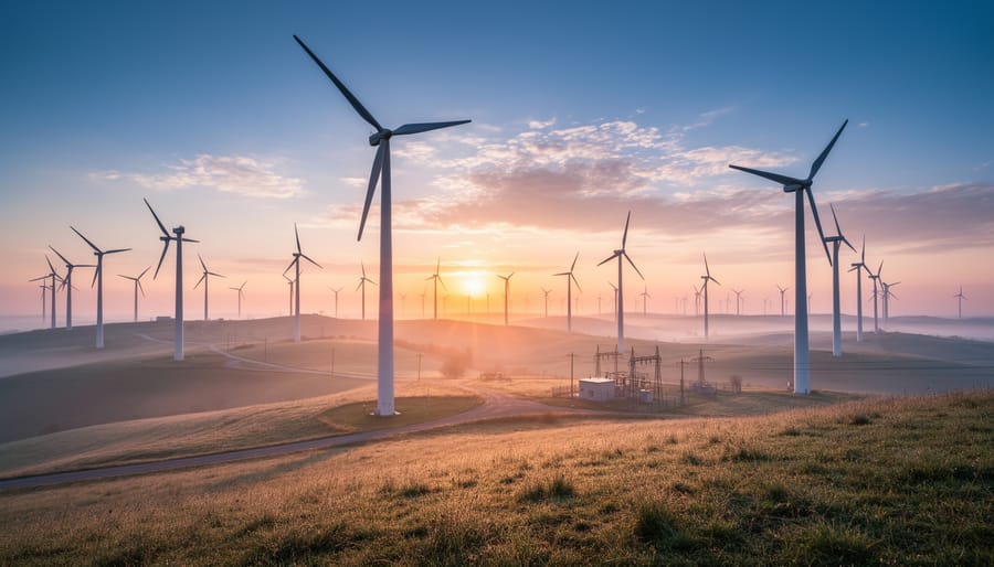 Wind turbines generating electricity at sunrise with turbines stretching into the distance