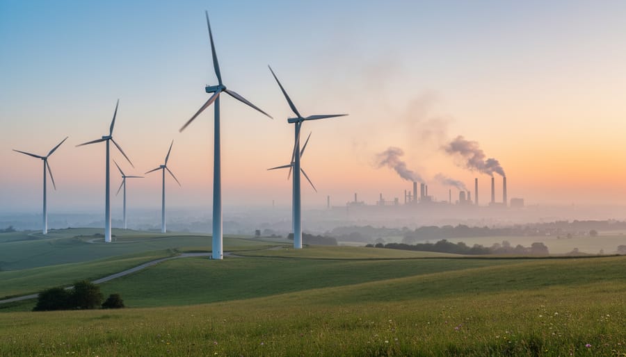Wind turbines in the foreground with industrial haze in the distant background