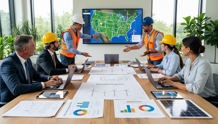Professionals in hard hats and business attire review a solar blueprint together in an office setting.