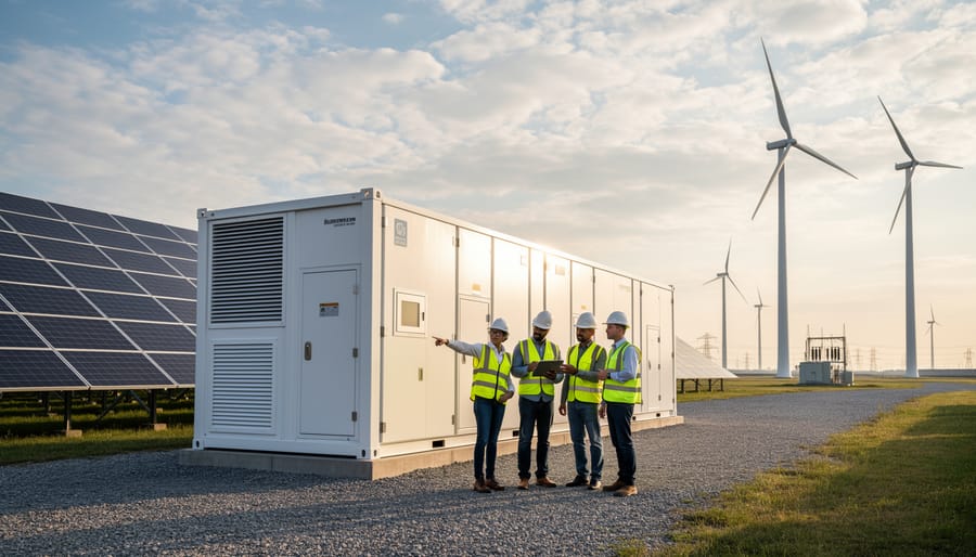 Technicians working near a large battery energy storage system in an industrial yard.
