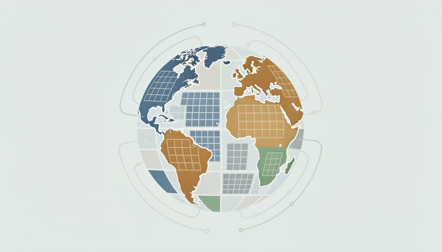 Solar-cell mosaic arranged into a world-map shape on a tabletop.