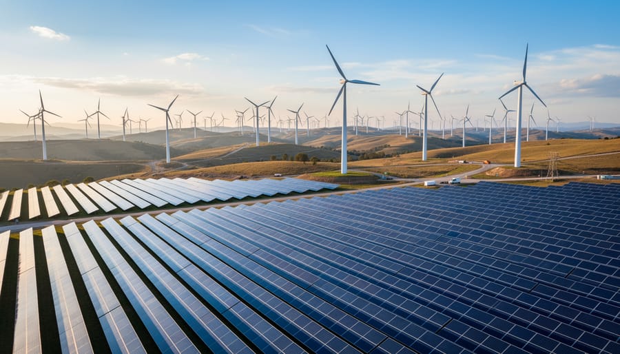 Wide view of utility-scale solar panels and wind turbines under an overcast sky.