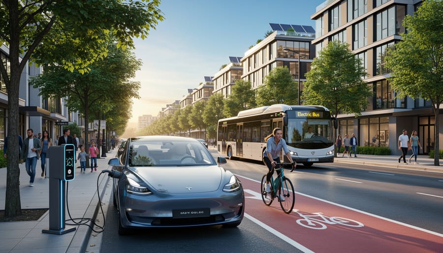 An electric bus and bicycles on a city street under daylight with a modern transit shelter in the background.