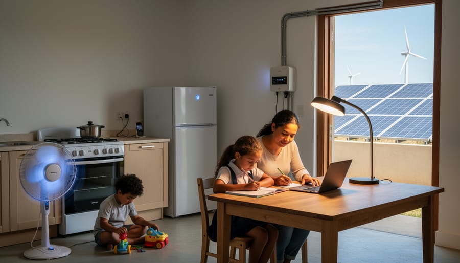 A woman and child using a small solar setup at home with a rechargeable lamp.