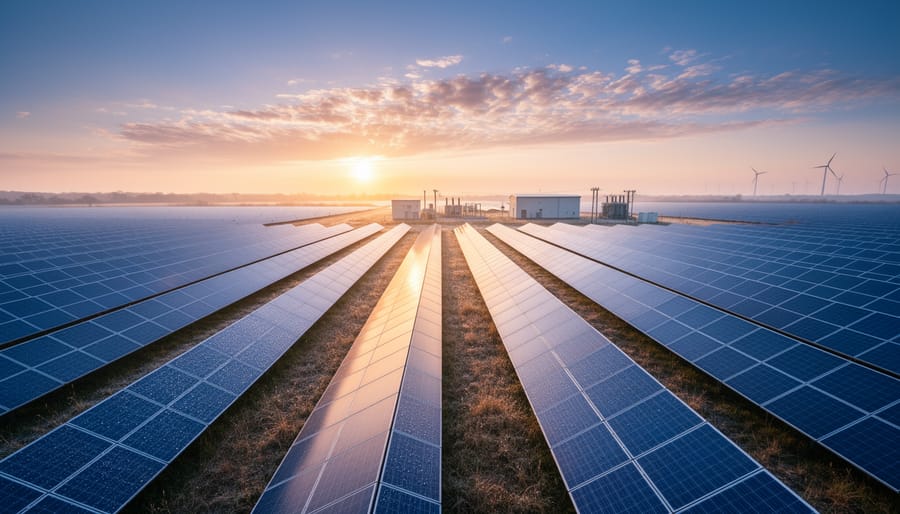 Solar panels in a solar farm reflecting sunrise light with a few technicians in the foreground.